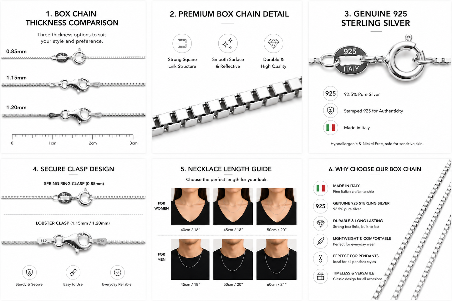 925 Sterling Silver Italian Box Chain Necklace Diamond Cut Rhodium Plated 18-24"