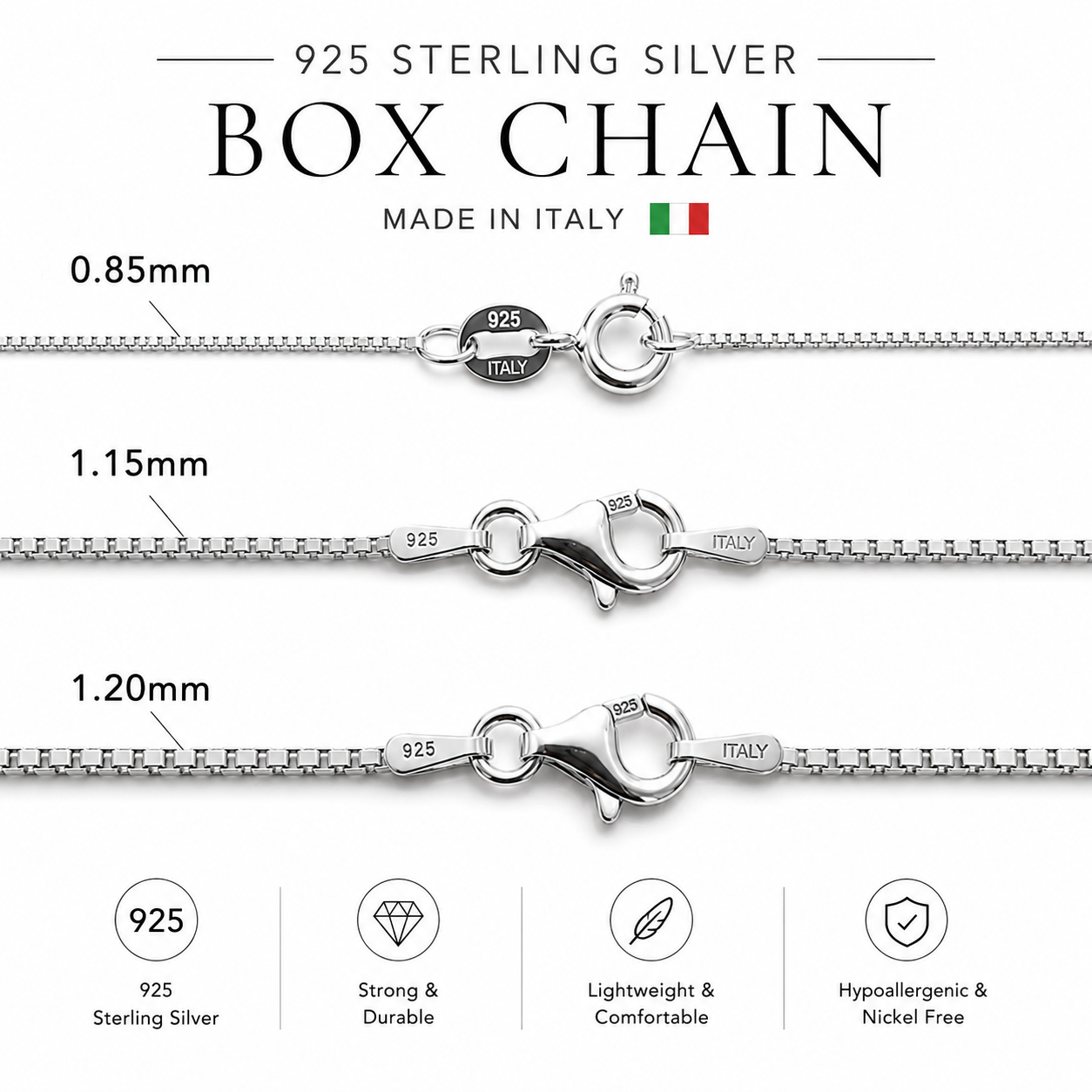 925 Sterling Silver Italian Box Chain Necklace Diamond Cut Rhodium Plated 18-24"