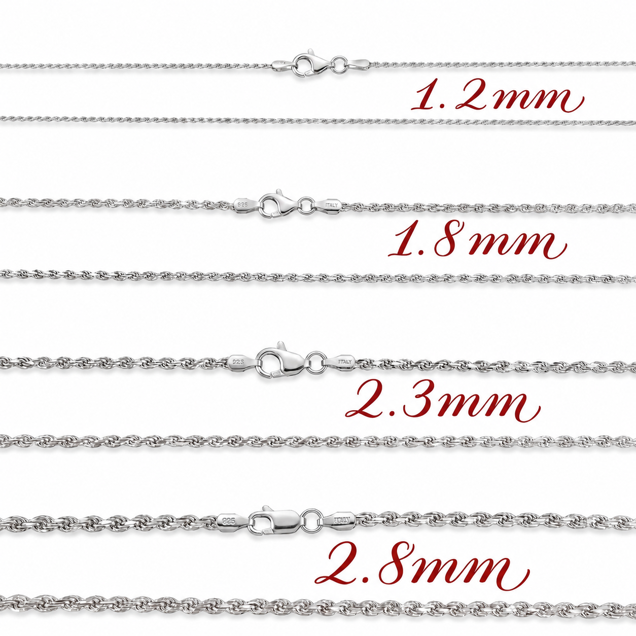 Diamond Cut Rope Chain Rhodium Plated 925 Sterling Silver Italy