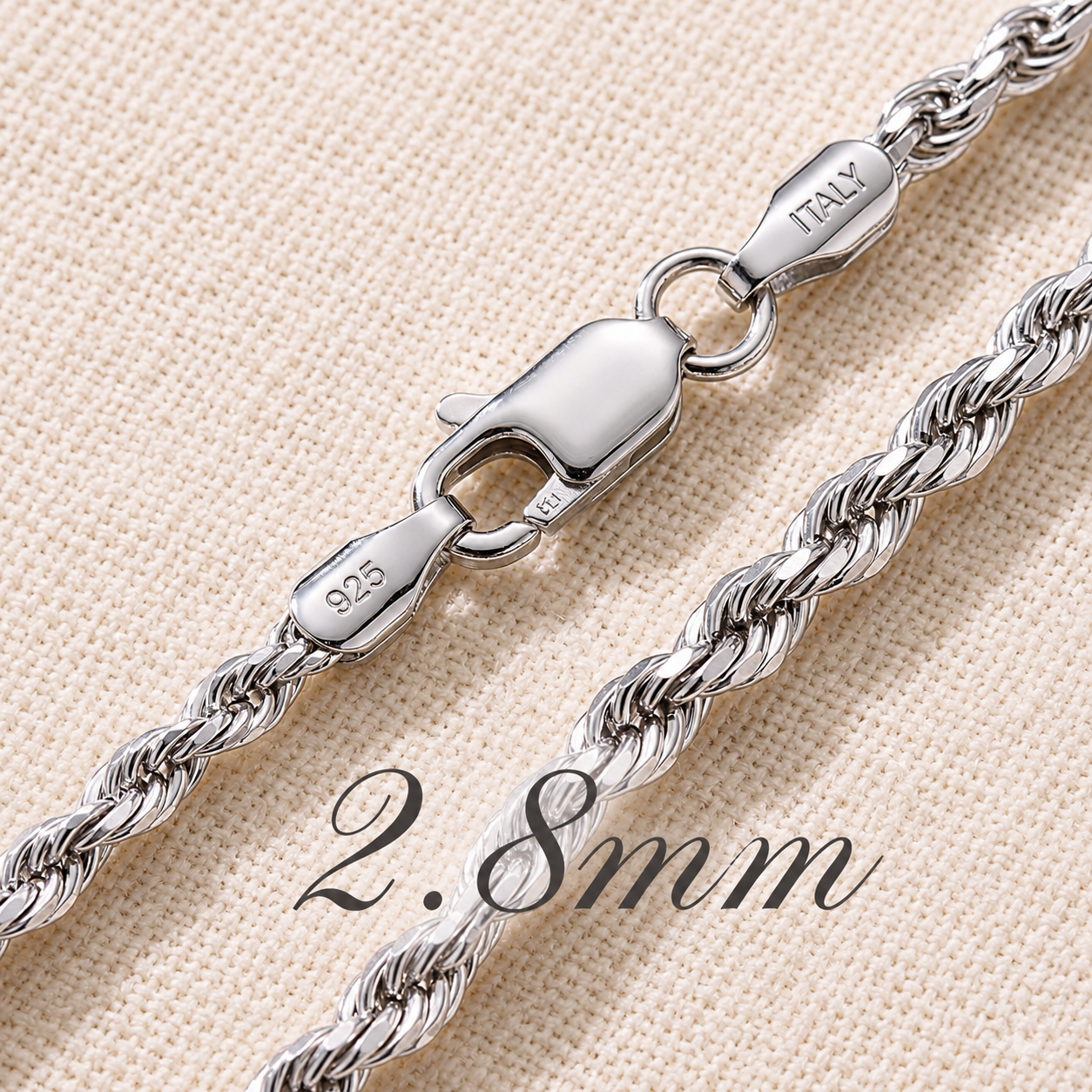 Diamond Cut Rope Chain Rhodium Plated 925 Sterling Silver Italy