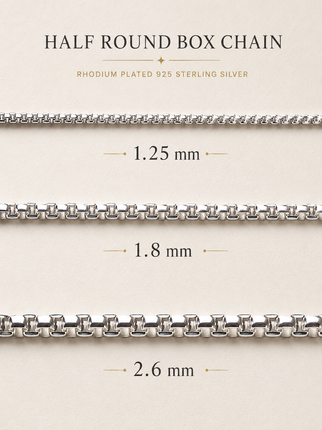 Half Round Box Chain Rhodium Plated 925 Sterling Silver Italy 1.25-2.6mm