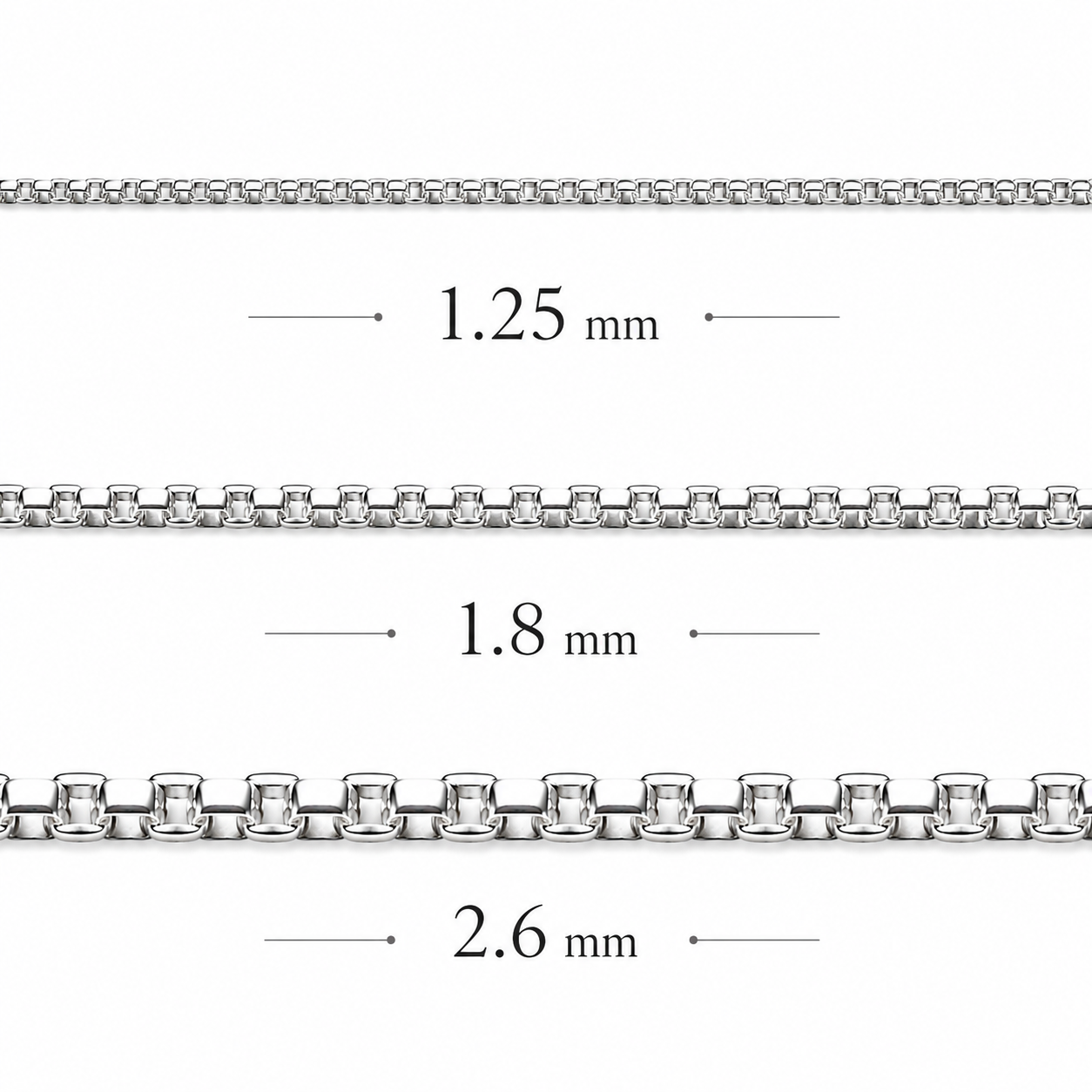 Half Round Box Chain Rhodium Plated 925 Sterling Silver Italy 1.25-2.6mm