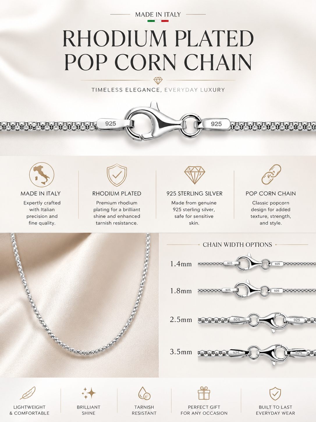 Popcorn Chain Necklace Rhodium Plated 925 Sterling Silver Italy 1.4-3.5mm