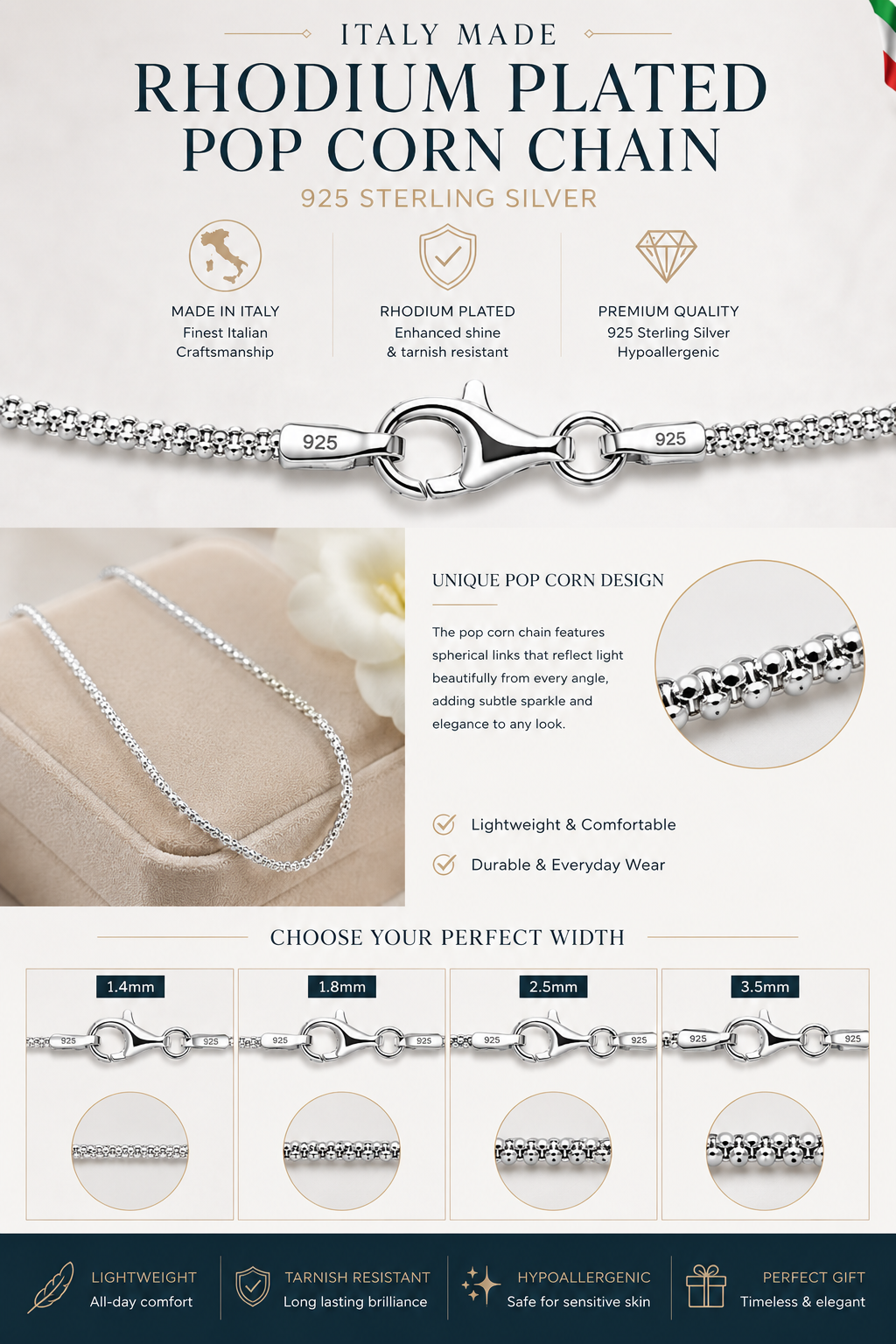 Popcorn Chain Necklace Rhodium Plated 925 Sterling Silver Italy 1.4-3.5mm
