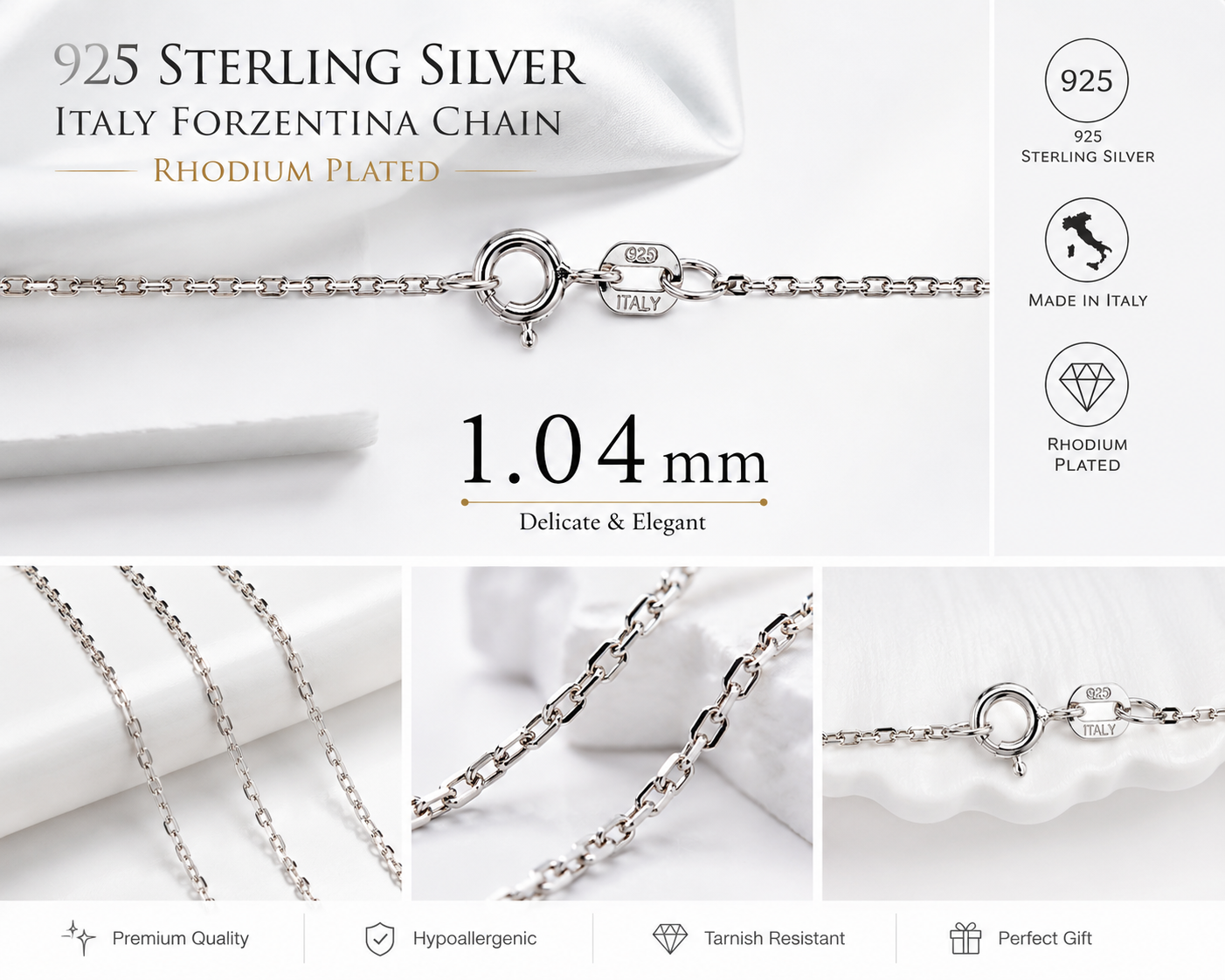 Forzentina Cable Chain Rhodium Plated 925 Sterling Silver Italy 1.04mm