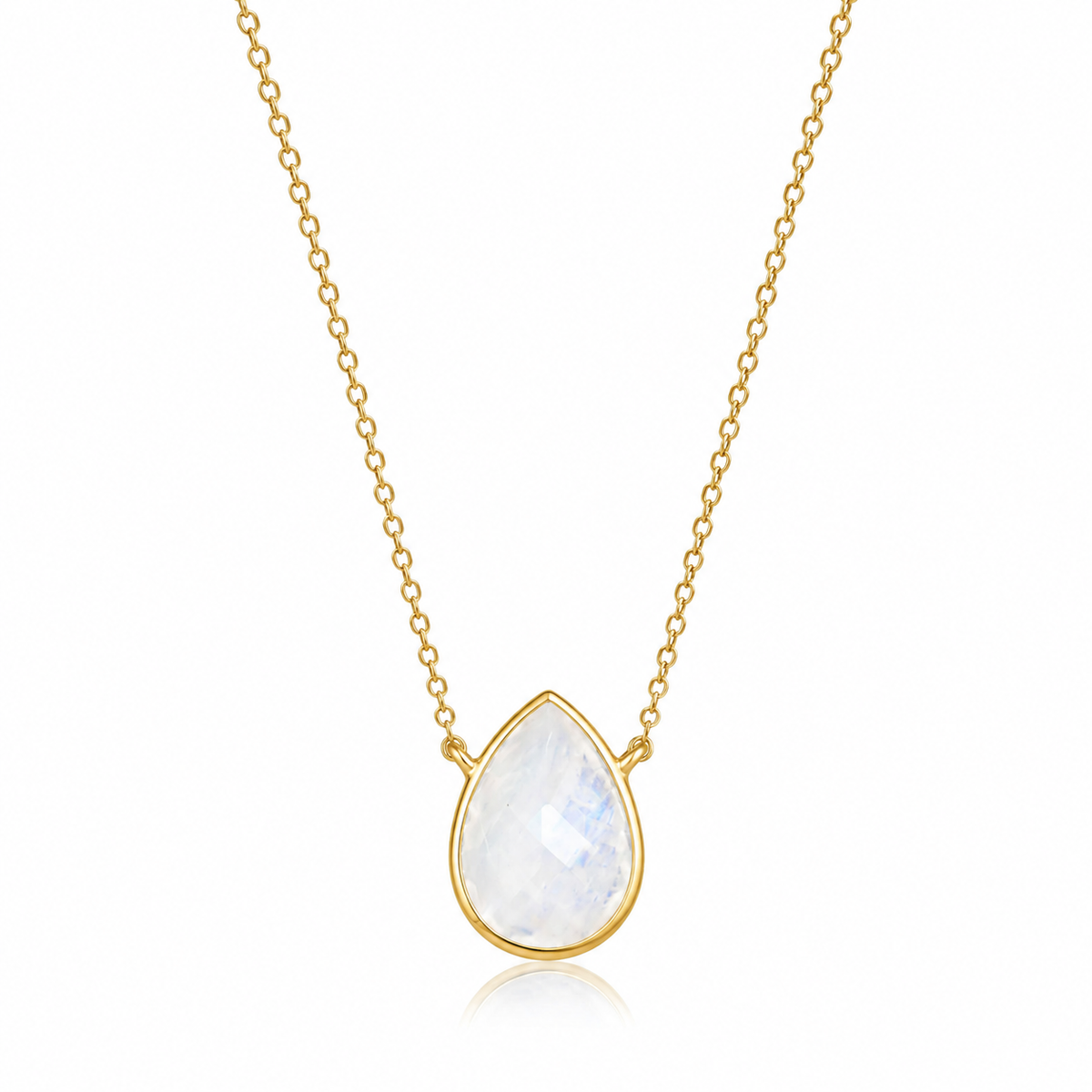 Pear Rainbow Moonstone Necklace 14K Gold Plated 925 Sterling Silver 14x10mm 16+2