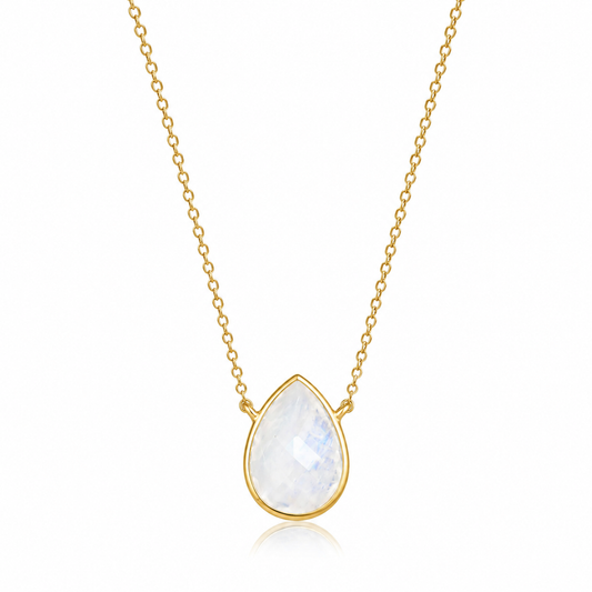 Pear Rainbow Moonstone Necklace 14K Gold Plated 925 Sterling Silver 14x10mm 16+2