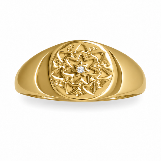 Round CZ Star Ring 14K Gold Plated 925 Sterling Silver 9.4mm Tapered Sizes 5-9