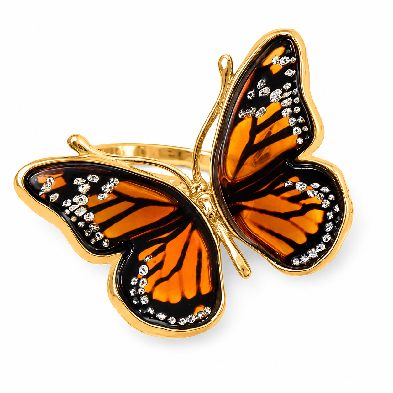 Baltic Amber Monarch Butterfly Ring 24K Gold Plated 925 Silver Adjustable