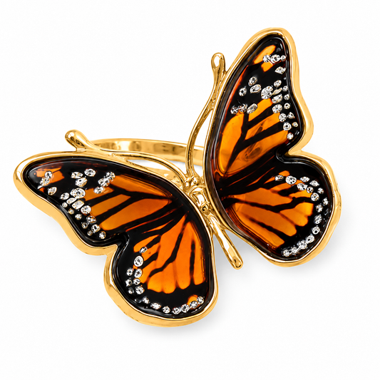 Baltic Amber Monarch Butterfly Ring 24K Gold Plated 925 Silver Adjustable