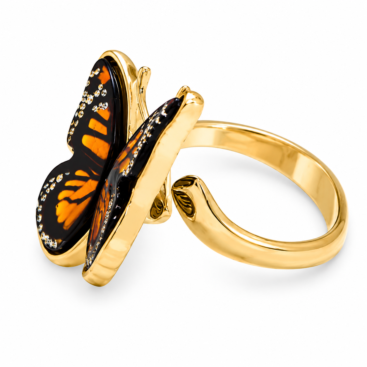 Baltic Amber Monarch Butterfly Ring 24K Gold Plated 925 Silver Adjustable