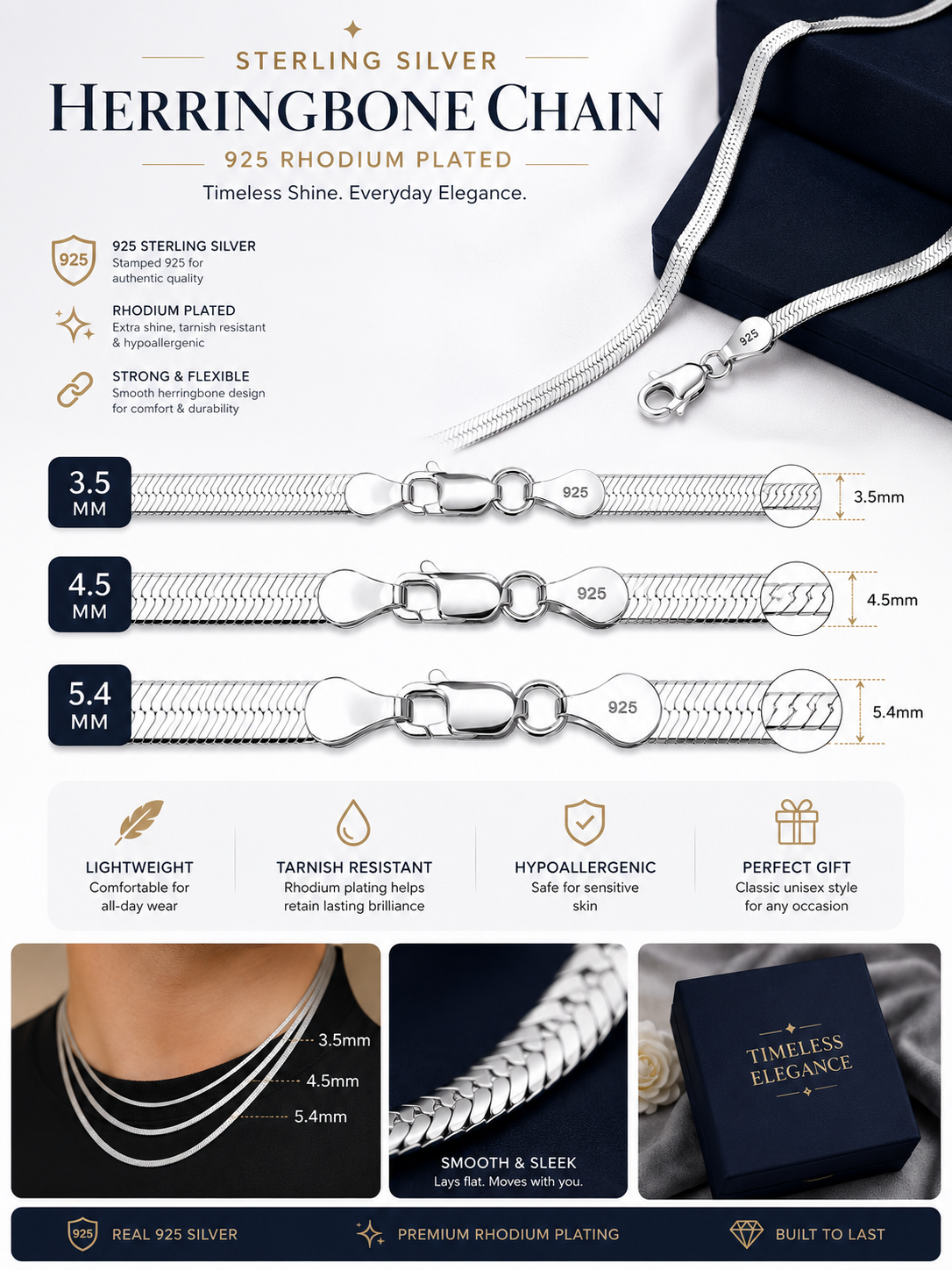 Magic Flex Herringbone Chain Rhodium Plated 925 Sterling Silver Italy 3.5-5.4mm