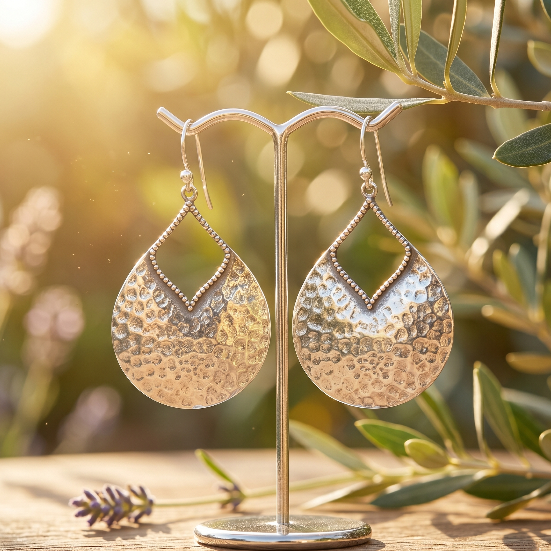 Pair of silver earrings on a stand with a natural background