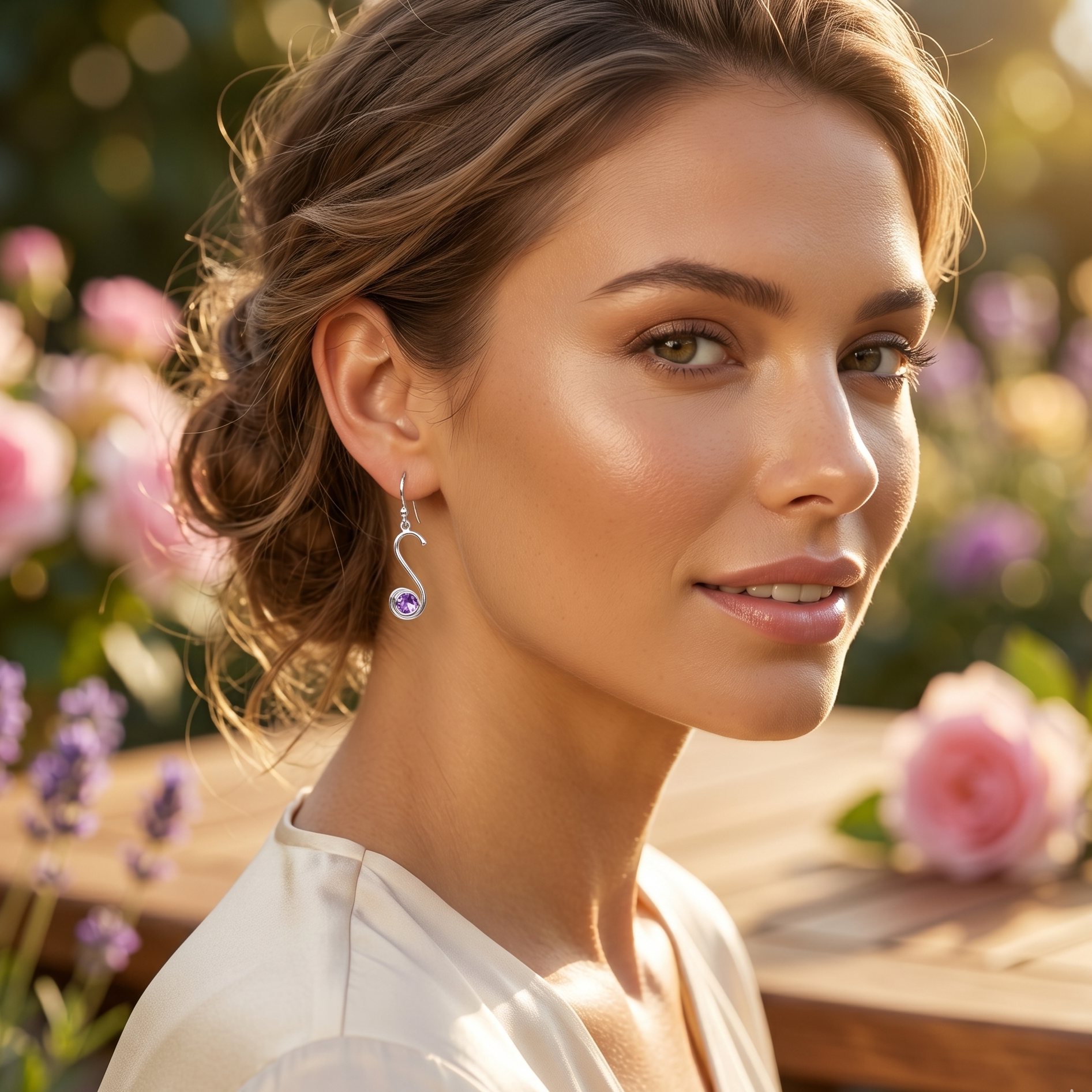 Woman wearing earrings with a blurred floral background