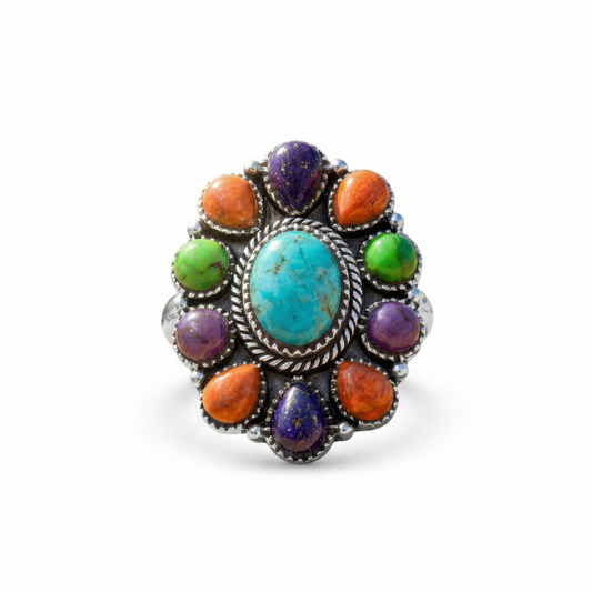 Oxidized Multi Stone Flower Ring 925 Silver Turquoise Coral Lapis Sizes 6-9