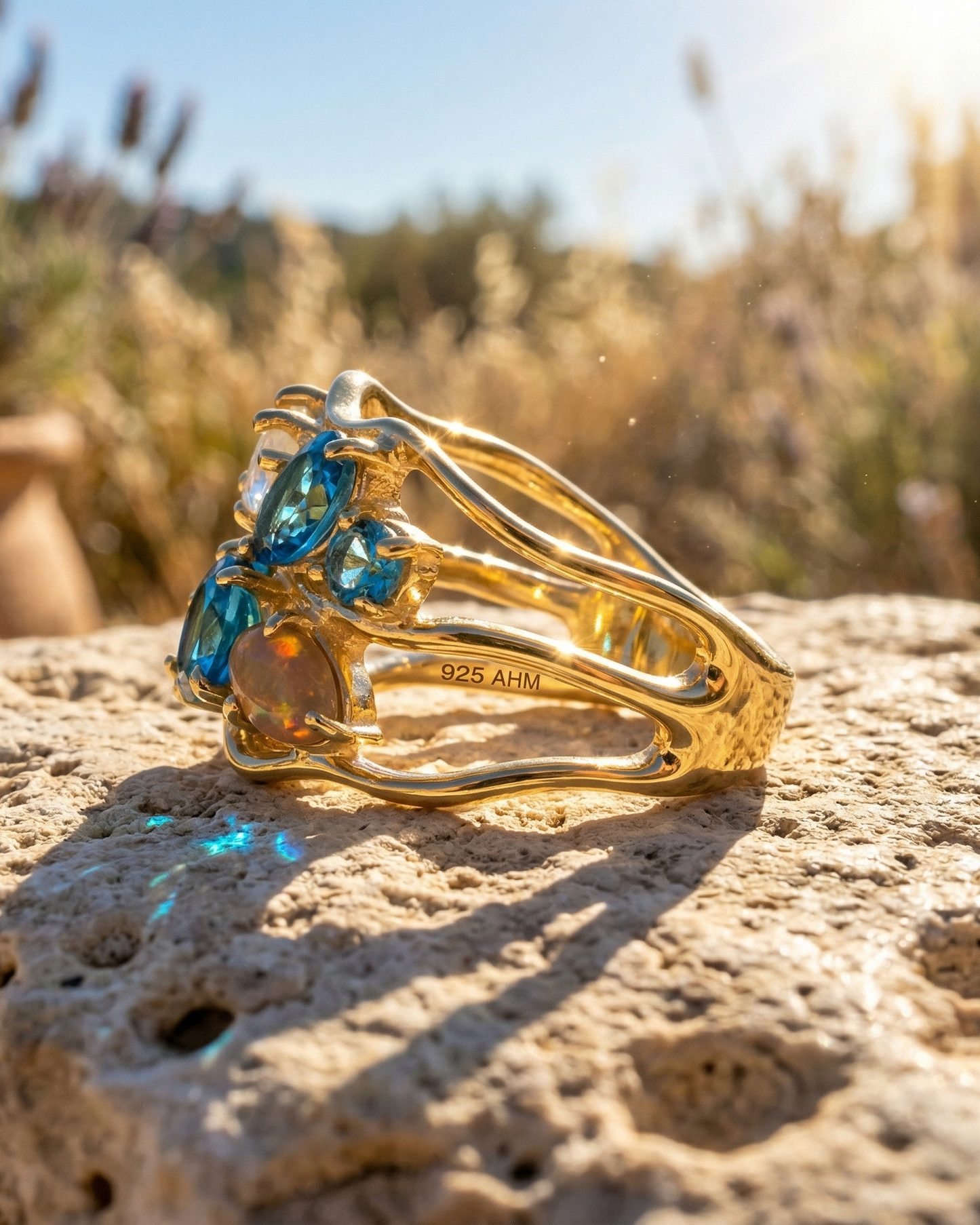 Blue Multi Stone Cluster Ring 14K Gold Plated 925 Silver Sizes 7-10