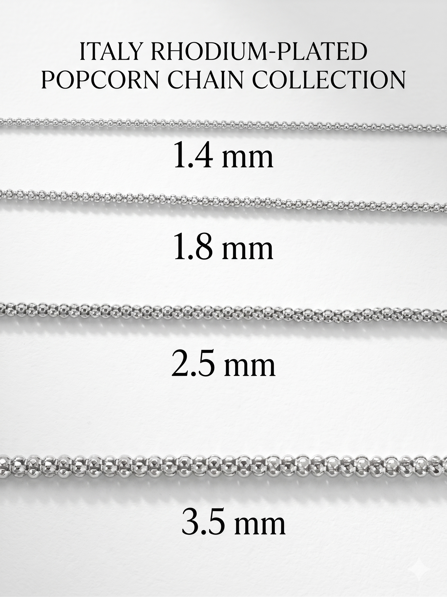 Popcorn Chain Necklace Rhodium Plated 925 Sterling Silver Italy 1.4-3.5mm
