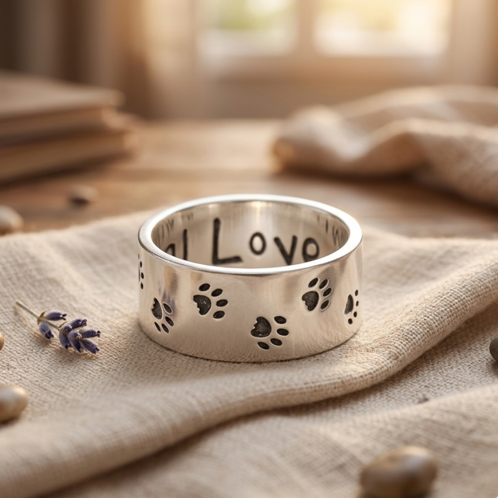 Silver ring with paw prints and 'I Love' engraving on a textured surface.