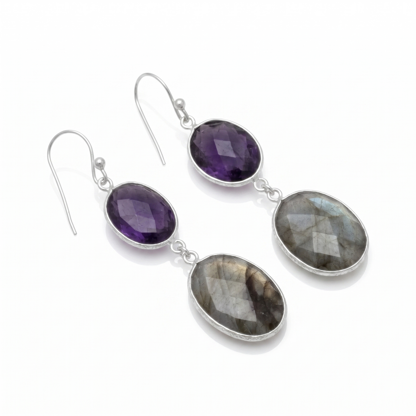 Natural Freeform Amethyst & Labradorite Drop Earrings 925 Sterling Silver 50mm