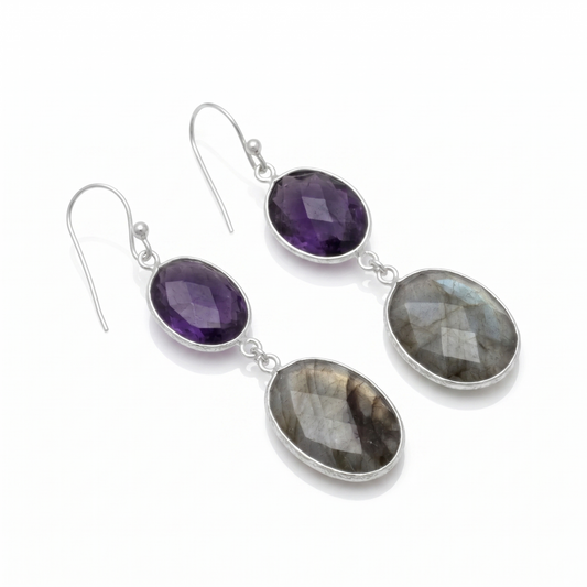 Natural Freeform Amethyst & Labradorite Drop Earrings 925 Sterling Silver 50mm