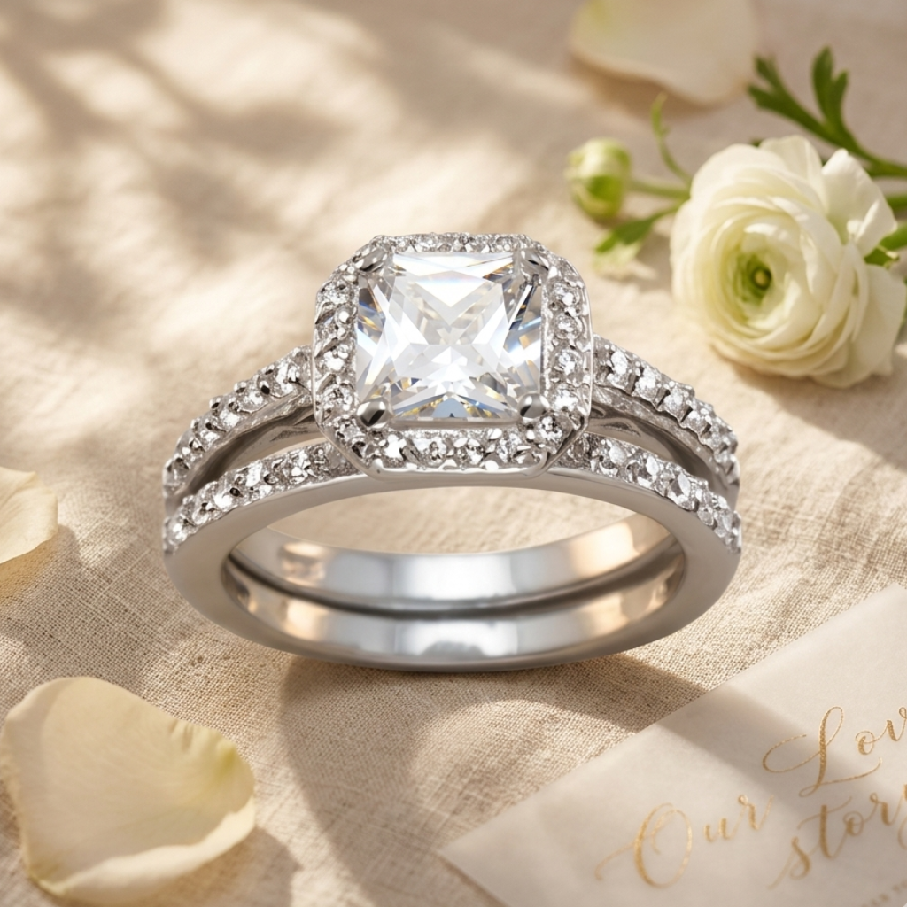Silver ring with a large diamond on a beige fabric background with flowers and petals.