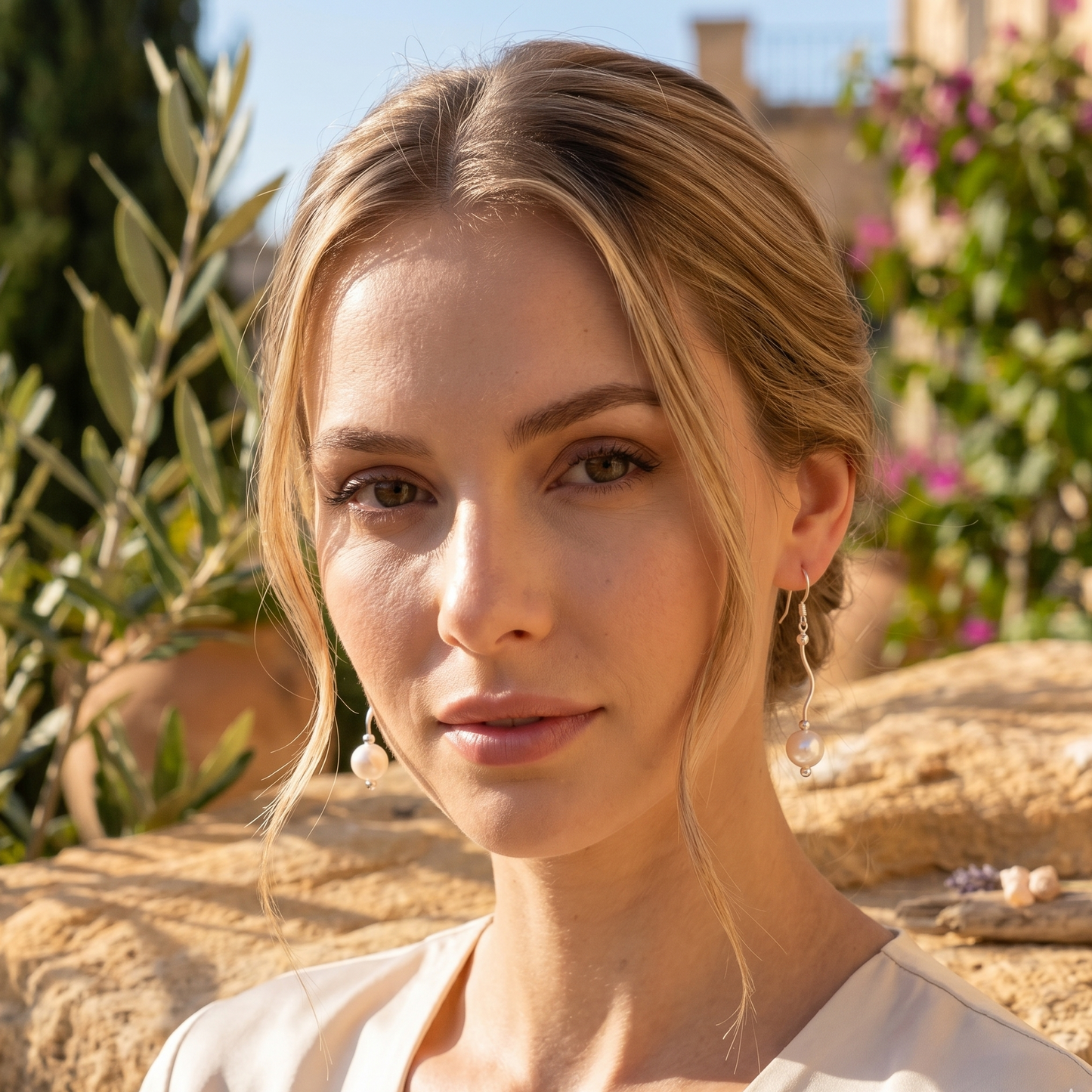 Woman with blonde hair and earrings standing outdoors with greenery in the background
