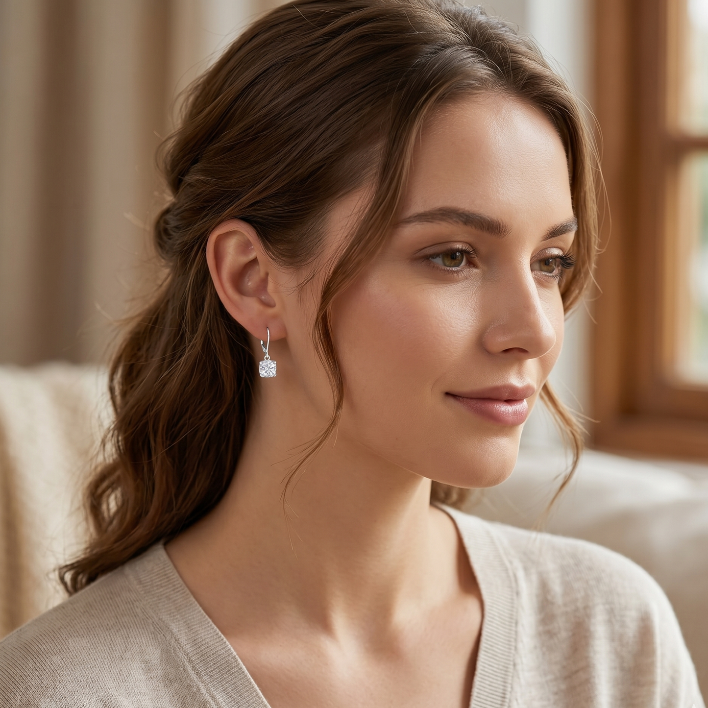 Woman wearing diamond earrings in a warm indoor setting