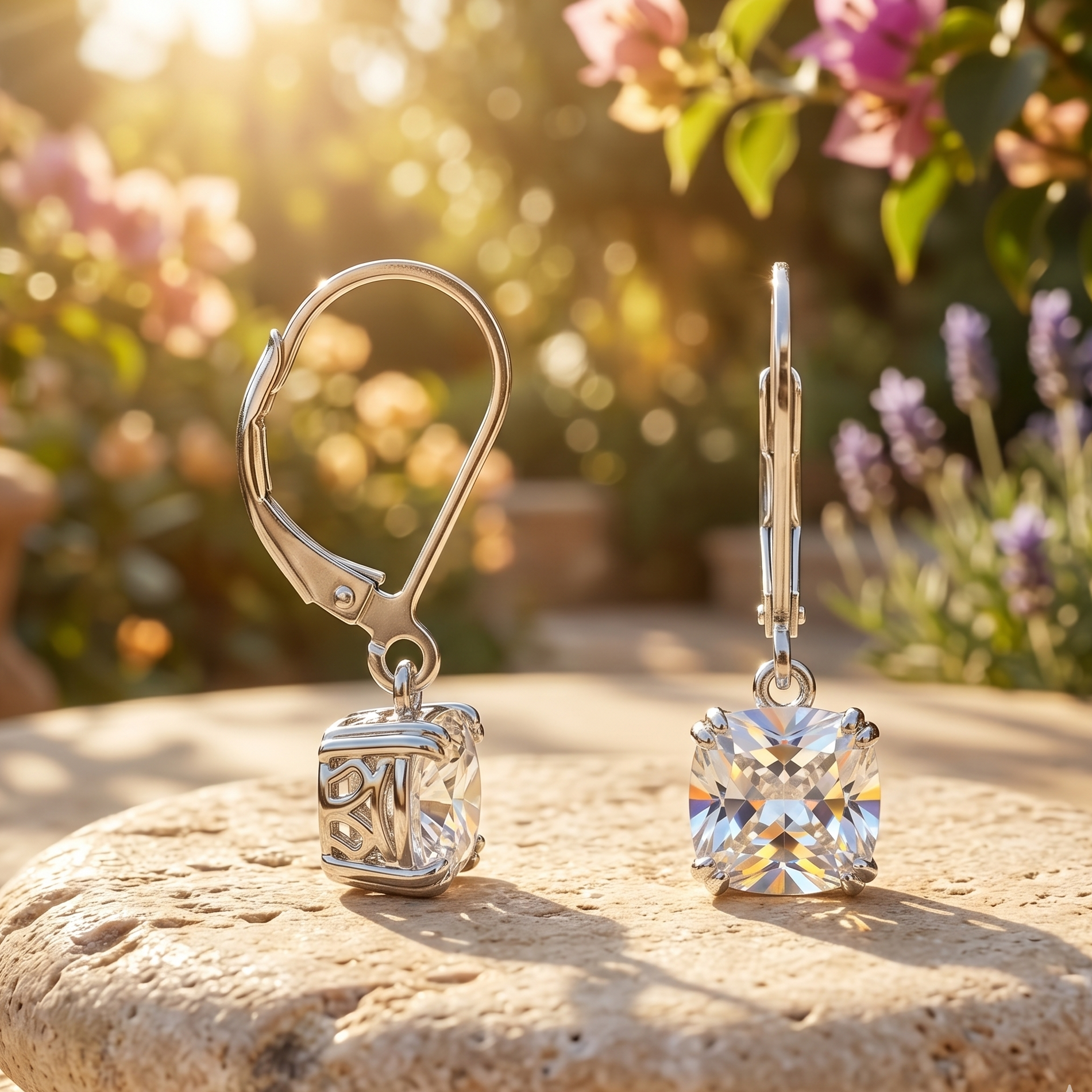 Silver earrings with clear gemstones on a stone surface with a floral background