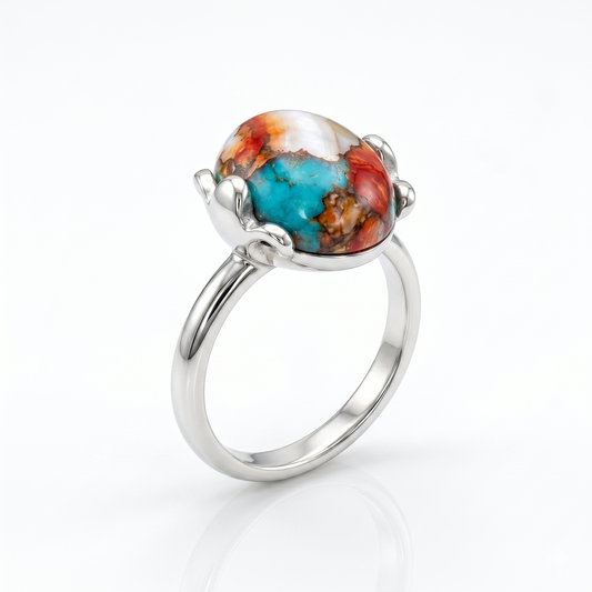 Sterling Silver Spiny Oyster Turquoise Cutout Ring 925 Silver 10x14mm Sizes 6-9