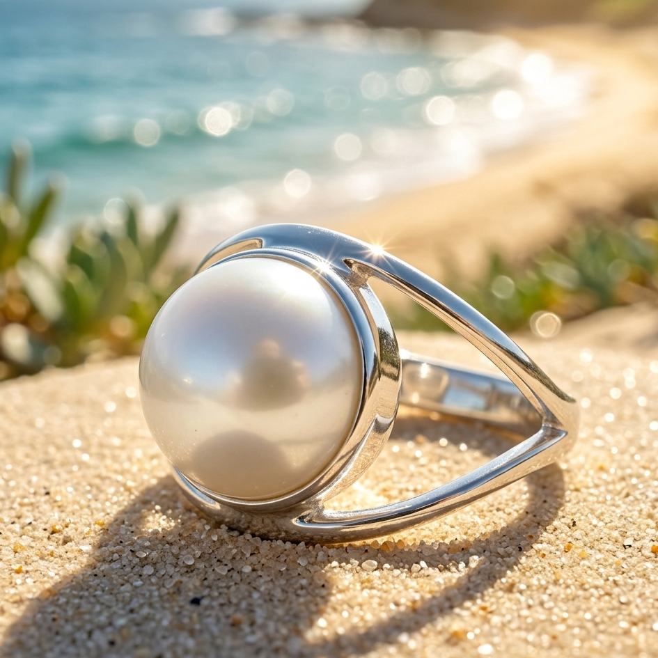 Pearl ring on sand with beach background