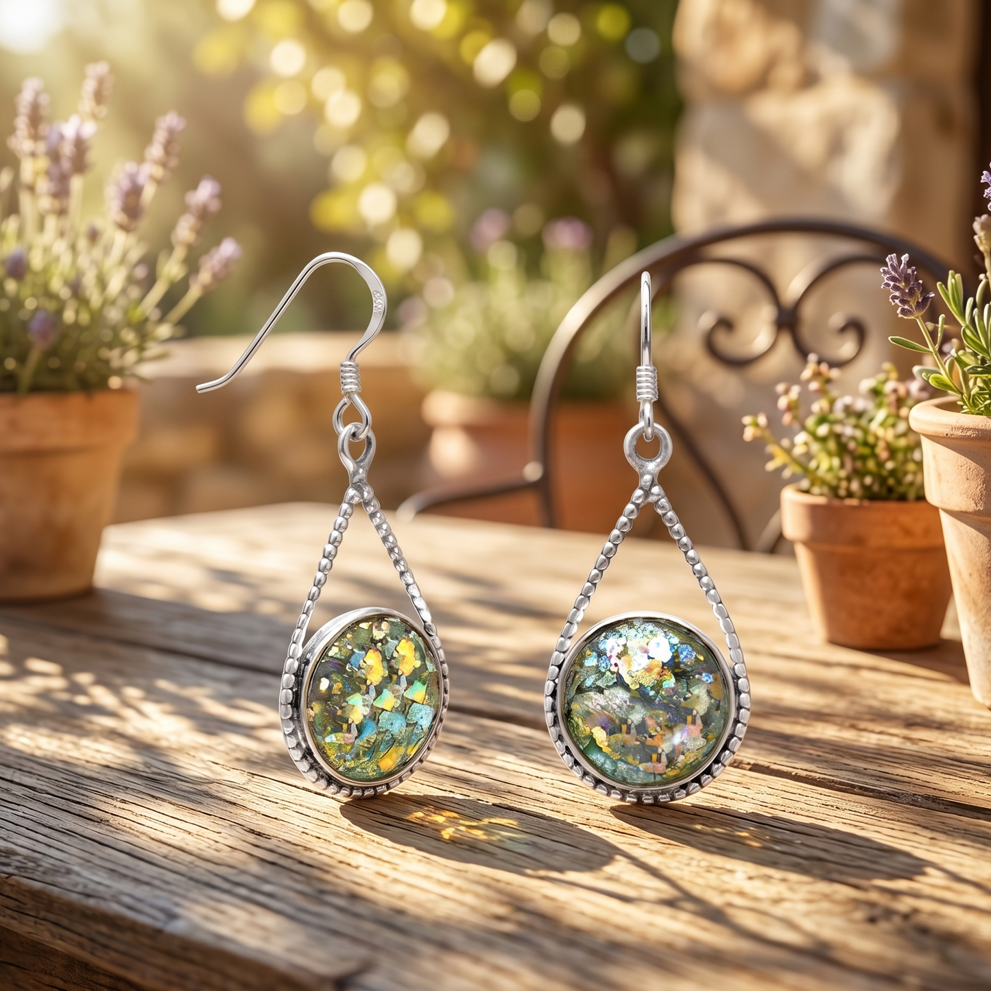Teardrop-shaped earrings with floral design on a wooden surface with potted plants in the background