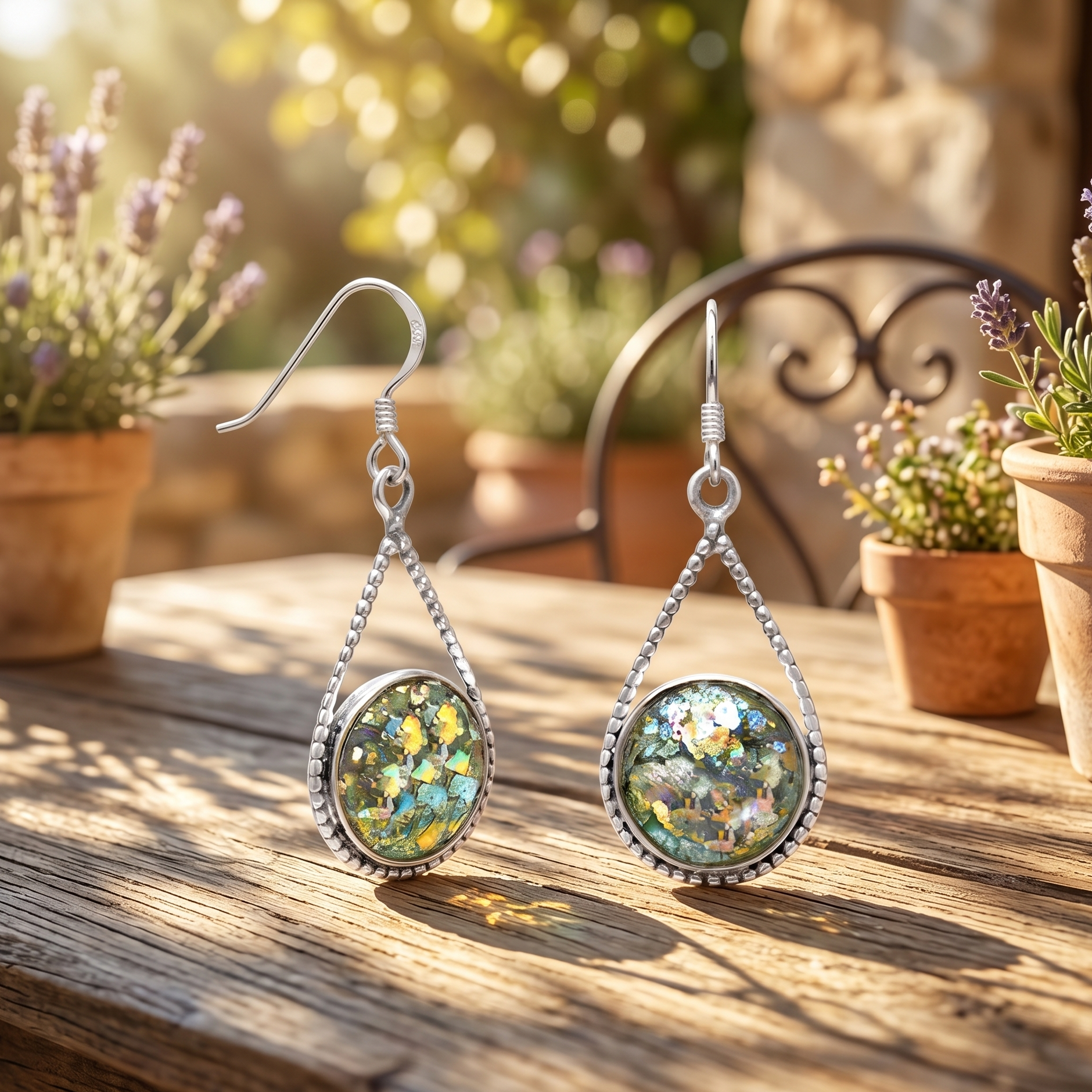 Teardrop-shaped earrings with floral design on a wooden surface with potted plants in the background
