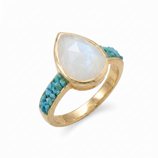 Gold Plated Rainbow Moonstone Crushed Turquoise Ring 925 Silver Sizes 6-10