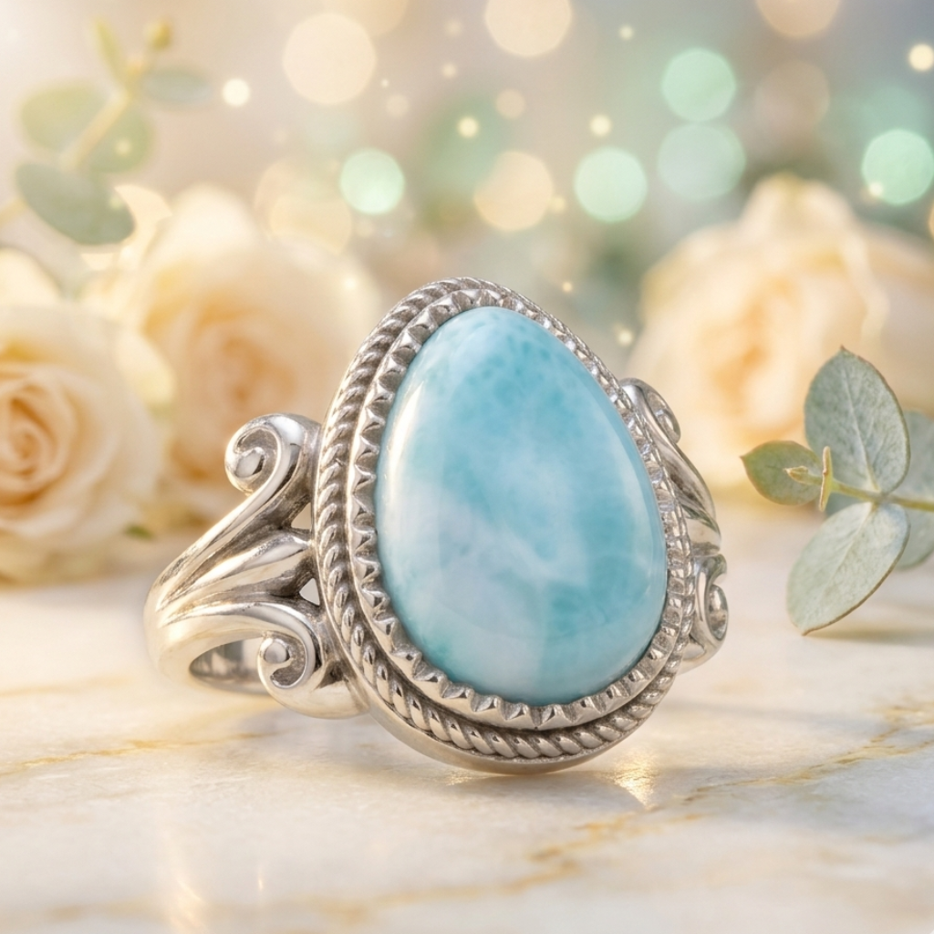 Silver ring with a large blue stone on a marble surface with flowers in the background