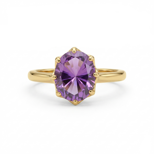 Precision Cut Amethyst Ring 14K Gold 10x8mm Openwork Setting Sizes 6-8