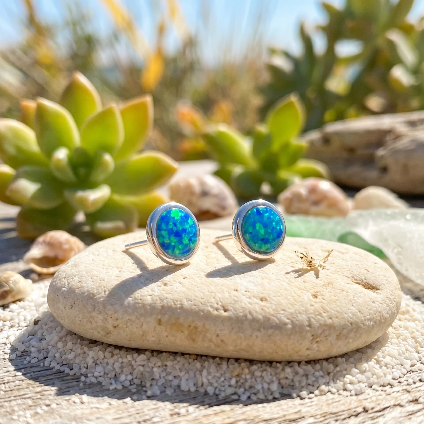 Blue opal stud earrings on a rock with succulents and pebbles in the background