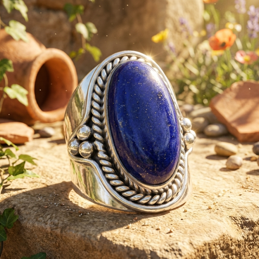 Silver ring with a blue stone on a stone surface with natural background