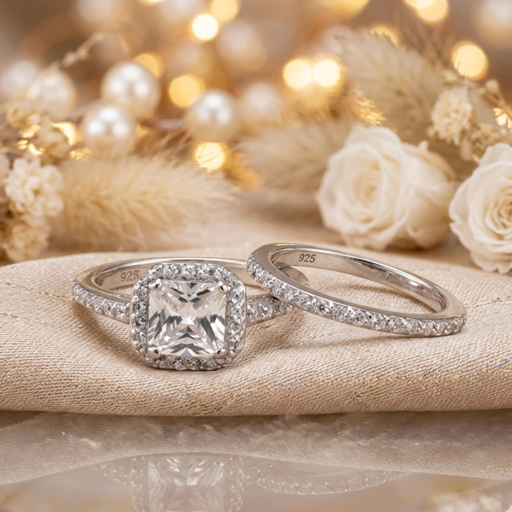 Two diamond rings on a beige fabric with blurred lights and flowers in the background