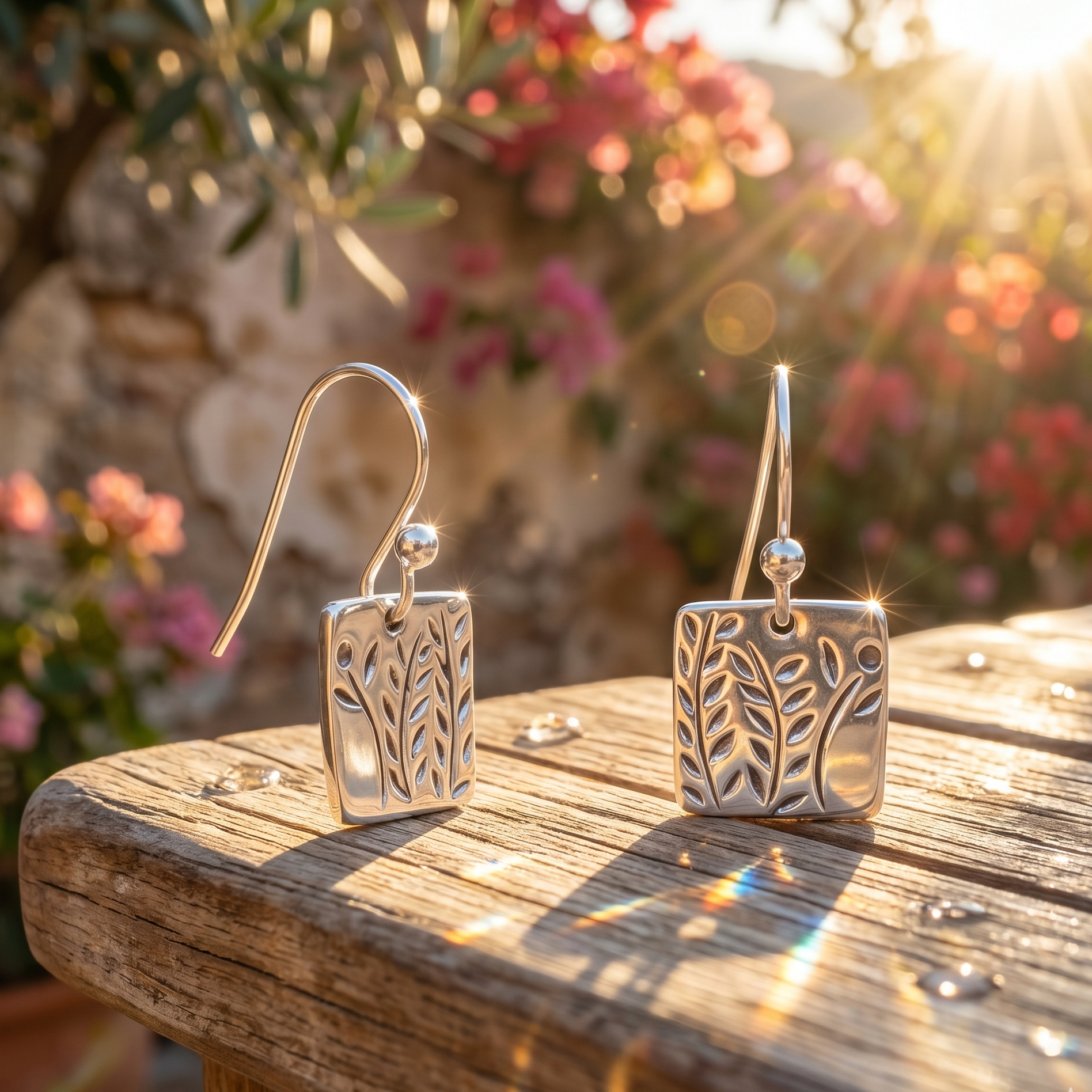 Silver earrings on a wooden surface with a floral background