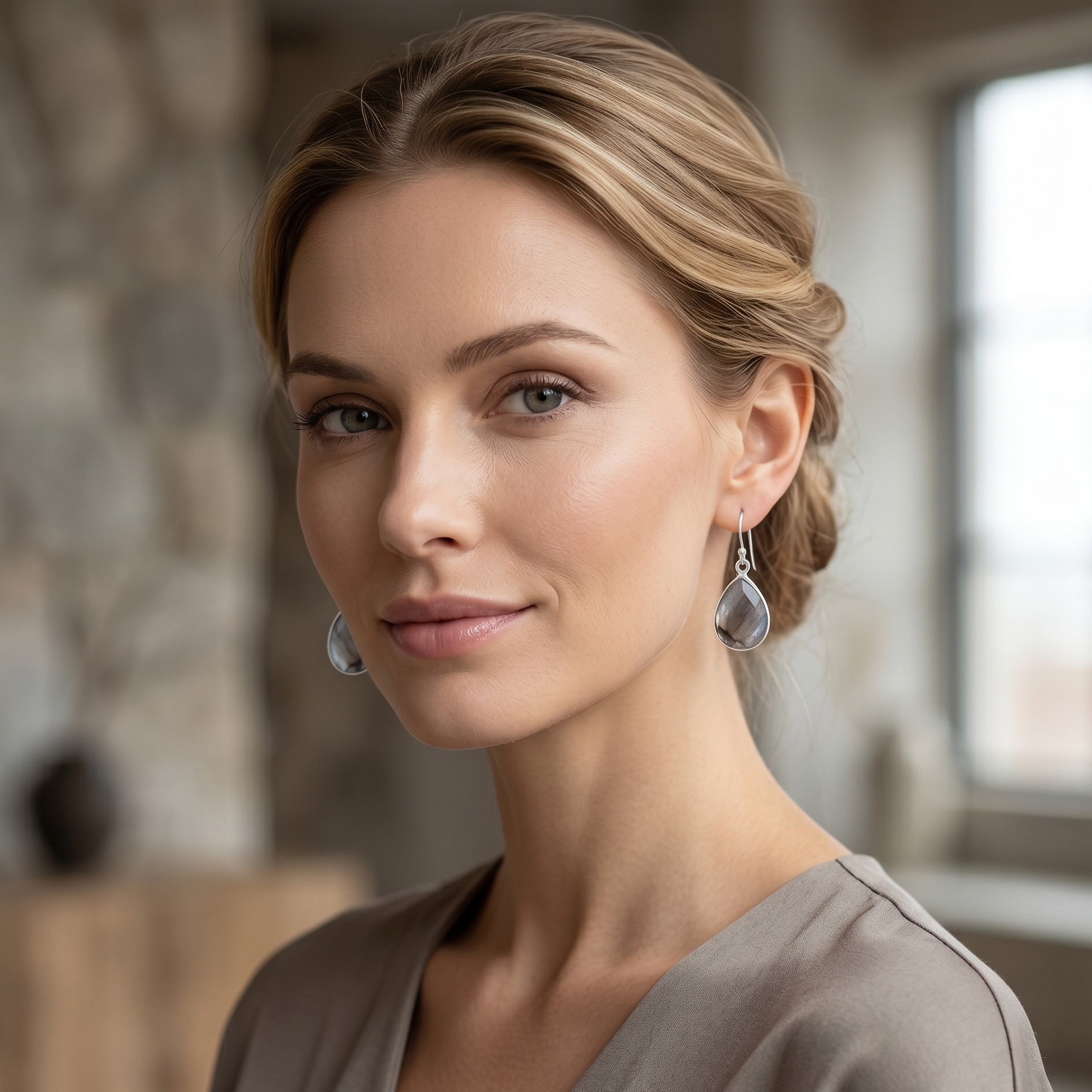 Woman wearing earrings in a blurred indoor setting