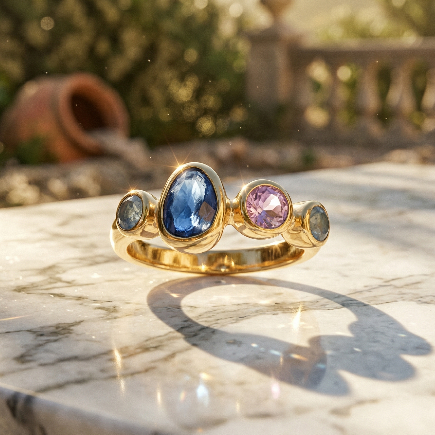 Gold Plated Amethyst Chalcedony Glass Ring 925 Silver 5x7mm 2.3mm Band Sizes 6-9