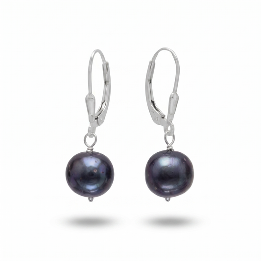 Pair of black pearl earrings on a white background
