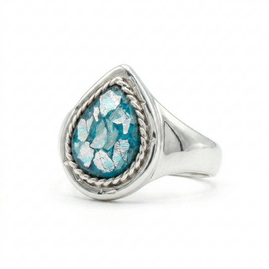 Pear Roman Glass Rope Edge Ring 925 Sterling Silver Hammered 7x8mm Sizes 5-9
