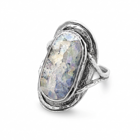 Oval Roman Glass Ring 925 Oxidized Silver Large Statement Certificate Sizes 6-10