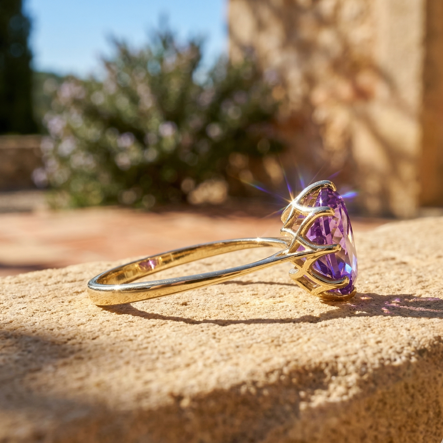 Precision Cut Amethyst Ring 14K Gold 10x8mm Openwork Setting Sizes 6-8