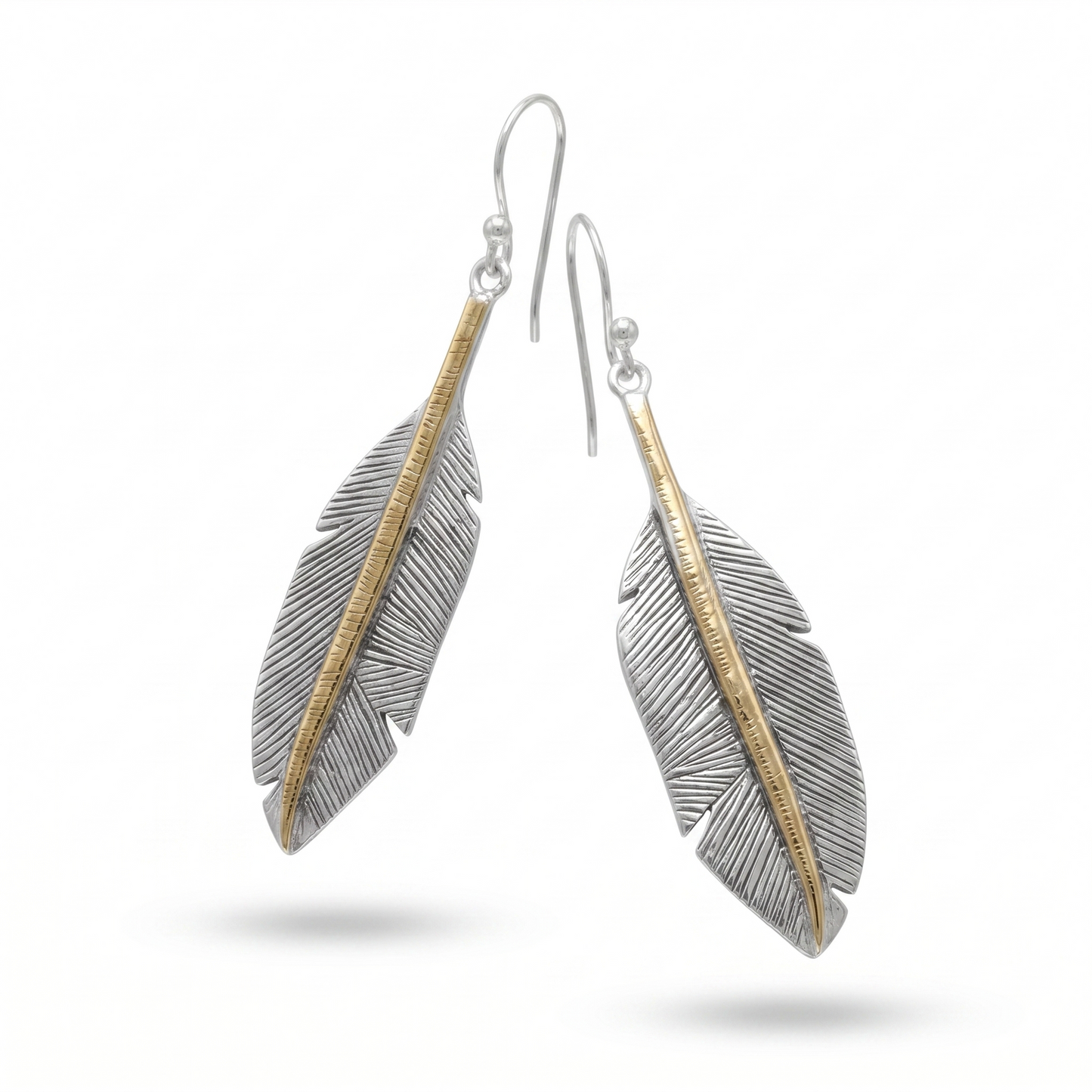 Two-Tone Feather Drop Earrings Oxidized 925 Sterling Silver 14K Gold Plated 55mm