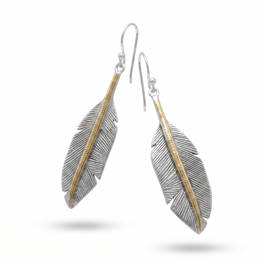 Two-Tone Feather Drop Earrings Oxidized 925 Sterling Silver 14K Gold Plated 55mm