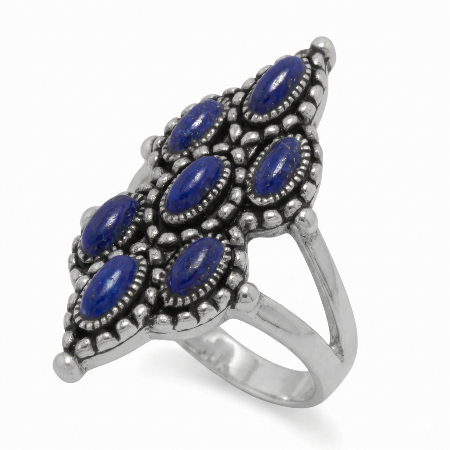Seven Stars Lapis Ring 925 Oxidized Silver Marquise Split Band Sizes 6-10