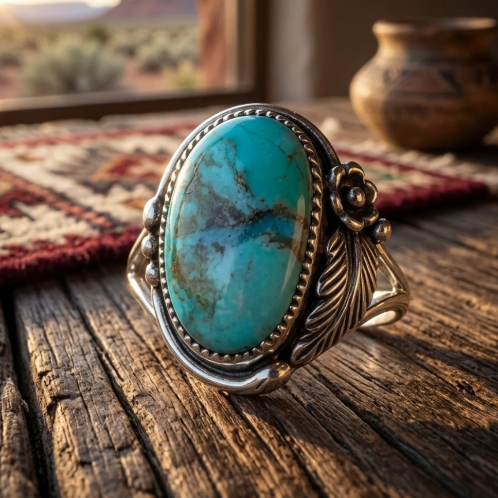 Turquoise ring on a wooden surface with a scenic background