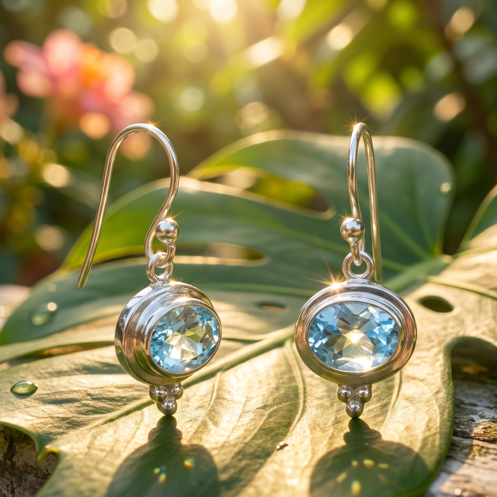 Silver earrings with blue gemstones on a leaf with a natural background
